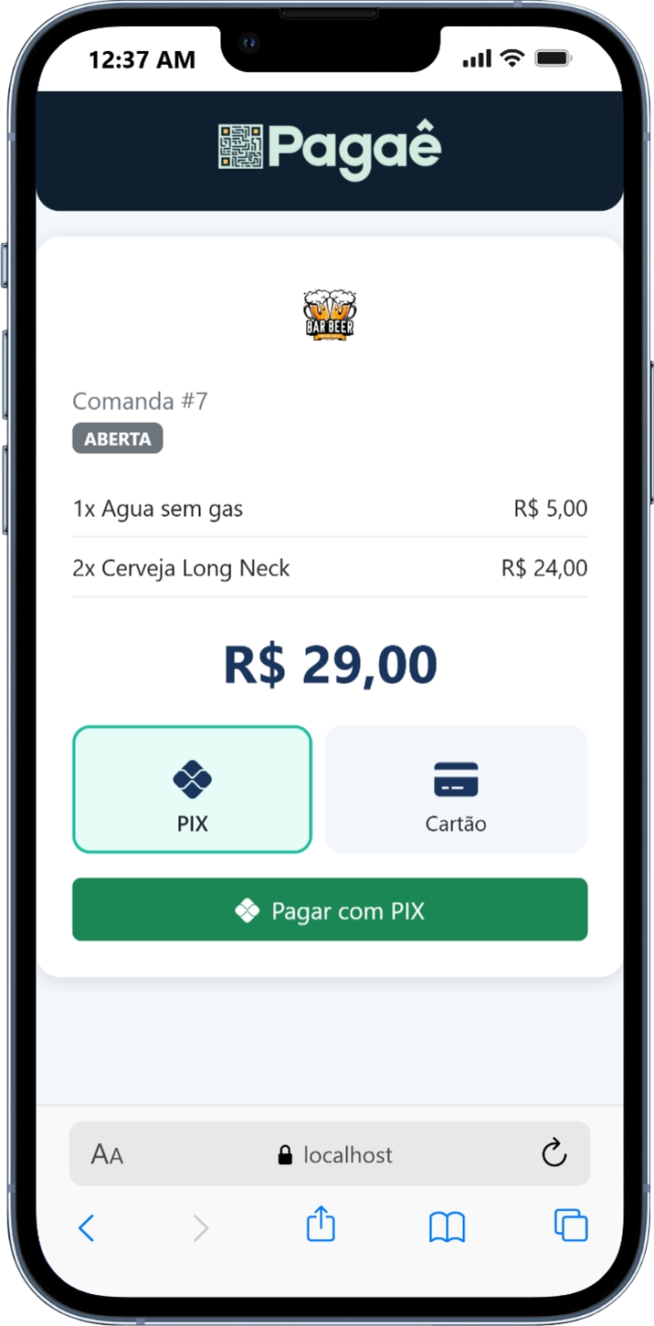 Cliente consultando a comanda e escolhendo a forma de pagamento pelo celular